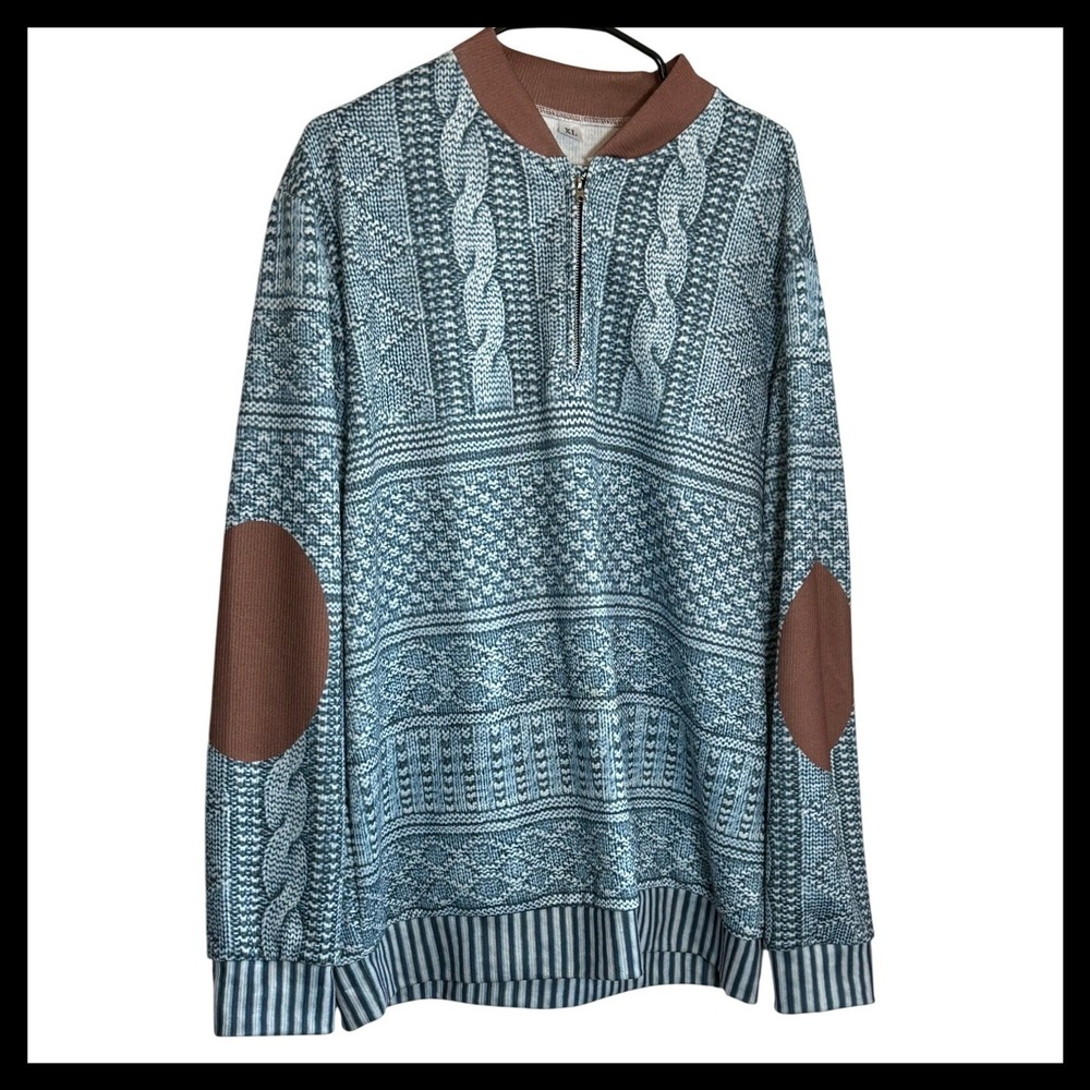 Mens XL Blue Multi‎ Pattern Knit Quarter Zip Pullover Sweater Elbow Patches